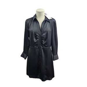 DR2 Satin Ruched Button Front‎ Shirt Mini Little Black Dress Midi Size M LS NEW